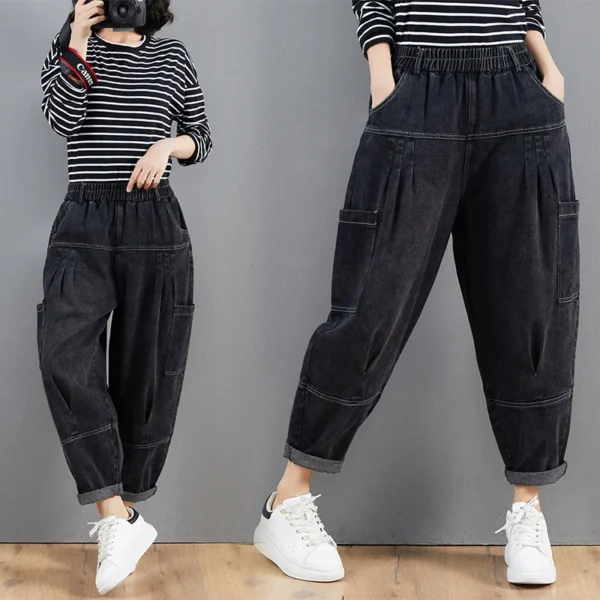 S8680ddc83cbb4a5ba39d0cfe2315ef88t.webp Pantalon harem en jean oversize pour femme, taille élastique, jambes larges, délavé, coupe ample, style rétro streetwear