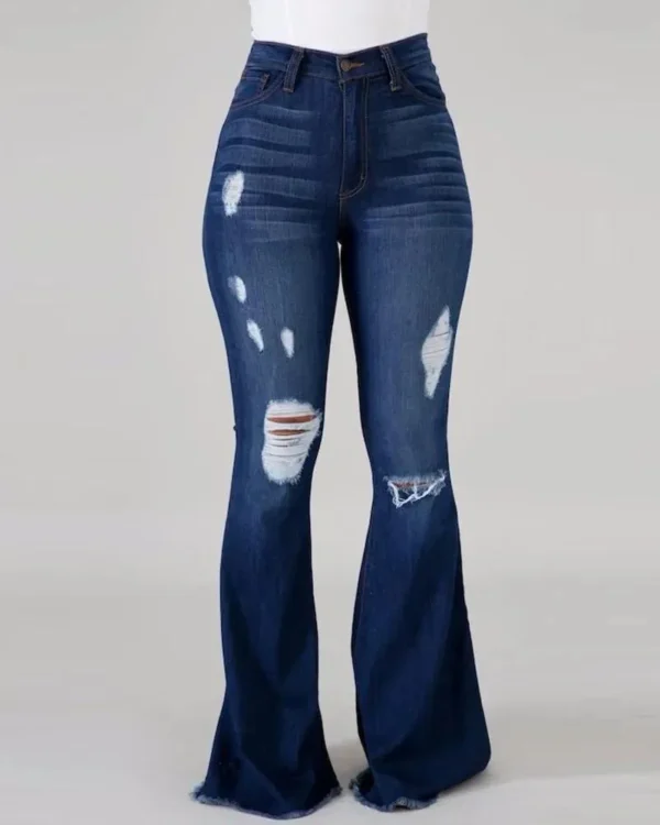 S87330a42ce35425d8eb54b73311ef132Y.webp Jeans évasés bleus déchirés pour femmes, printemps-automne, pantalons en denim stretch noir, pantalons décontractés et élégants.