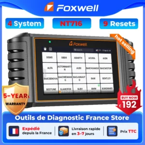 Scanner OBD2 FOXWELL NT716 (2026) : outil de diagnostic moteur et ABS/SRS avec 9 réinitialisations et contrôle bidirectionnel.