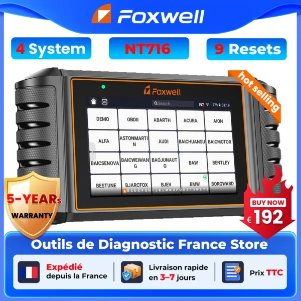 Scanner OBD2 FOXWELL NT716 (2026) : outil de diagnostic moteur et ABS/SRS avec 9 réinitialisations et contrôle bidirectionnel.