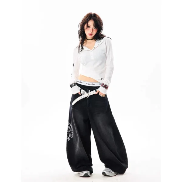 Jean baggy YIBASHU pour femme, broderie vintage années 2000, taille haute, jambes larges, style rétro américain Harajuku