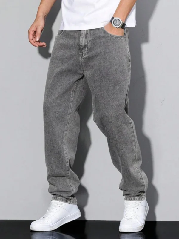 Jean droit noir et gris pour homme, style vintage coréen streetwear Y2K hip-hop décontracté, pantalon en denim gris foncé à jambes larges pour le quotidien