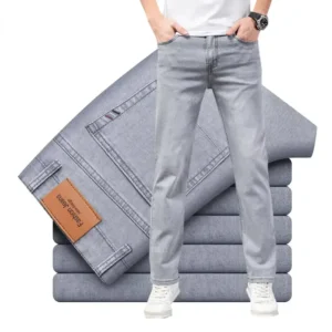 Jean homme, coupe droite, en coton stretch, gris clair, taille haute, style business décontracté.