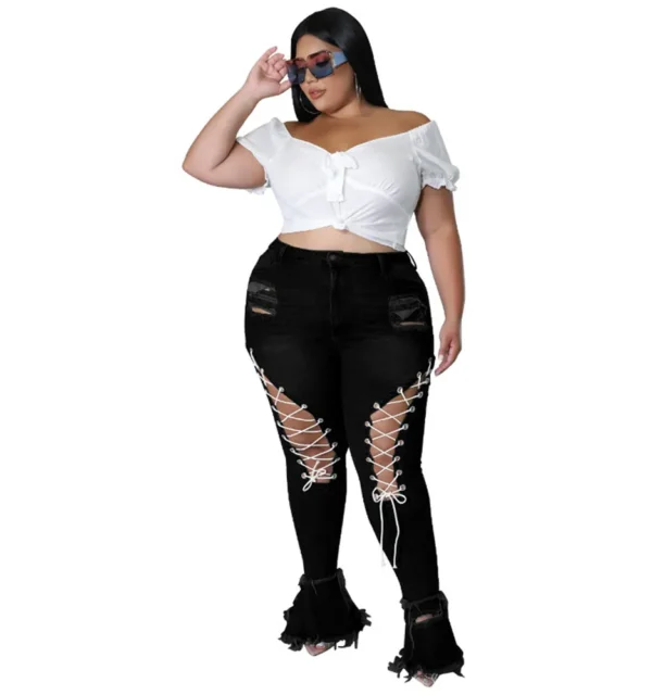 Jean évasé grande taille Wmstar pour femme, taille haute, à bretelles, avec franges et ourlet déchiré, en denim stretch, neuf.