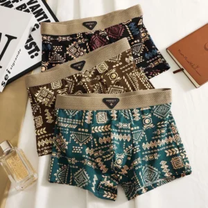 Boxer homme style ethnique rétro, slip confortable à imprimé vintage, sous-vêtement élastique, short taille mi-haute.