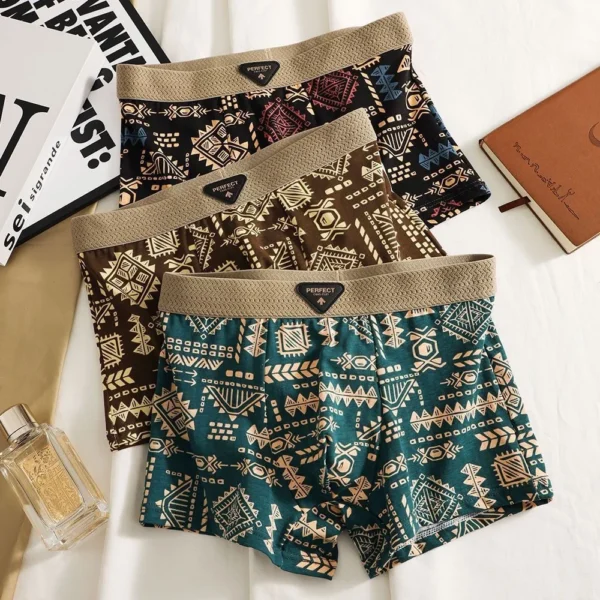 Boxer homme style ethnique rétro, slip confortable à imprimé vintage, sous-vêtement élastique, short taille mi-haute.