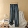Jean taille haute à jambes droites pour femme, nouveauté automne grandes tailles, coupe ample, extensible, décontracté, simple, fendu, pantalon long.