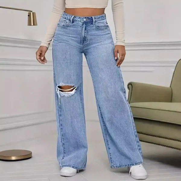 Jean délavé à trous, taille haute, jambes larges, coupe ample, style classique et décontracté, longueur au sol, idéal pour toutes les saisons.