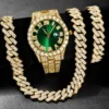 Ensemble de 3 montres hip-hop pour homme, ornées de strass, avec chaîne à maillons cubains et strass. Cadeau idéal pour femme.