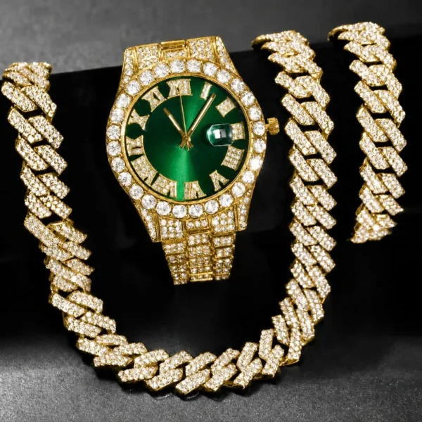 Ensemble de 3 montres hip-hop pour homme, ornées de strass, avec chaîne à maillons cubains et strass. Cadeau idéal pour femme.