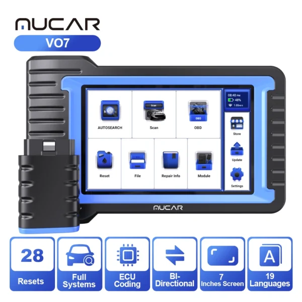S988daa8b6ef44918ab2c11fcc6300585u.webp MUCAR VO7/VO7S Outil de diagnostic automobile OBD2 : système complet, réinitialisation 28 fois, codage ECU bidirectionnel, CANFD, mises à jour gratuites à vie
