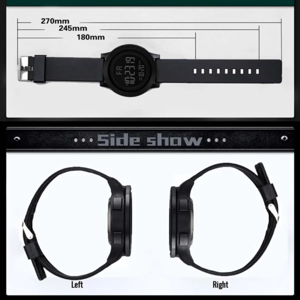 Montre numérique unisexe à grand cadran, éclairage LED, étanche, bracelet en caoutchouc, alarme, noire.
