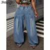 Jean Benuynffy grande taille rétro bleu délavé à jambes larges plissées pour femme, printemps-été, taille élastique, coupe ample, style streetwear Y2K
