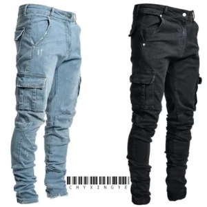Jean cargo homme neuf, couleur unie, multipoches, taille mi-haute, grandes tailles, coupe décontractée, idéal au quotidien.