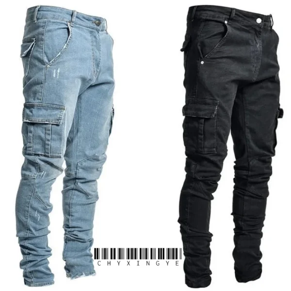 Jean cargo homme neuf, couleur unie, multipoches, taille mi-haute, grandes tailles, coupe décontractée, idéal au quotidien.