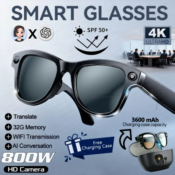 Sa067f75855814545b7ee3c8fdaa900ceA.webp Lunettes intelligentes pour hommes avec caméra 4K HD 800 W, batterie externe 3600 mAh, traduction multilingue (plus de 100 langues), enregistrement vidéo, lecteur de musique et fonction appel.