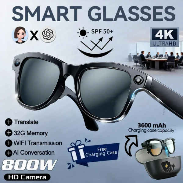 Lunettes intelligentes pour hommes avec caméra 4K HD 800 W, batterie externe 3600 mAh, traduction multilingue (plus de 100 langues), enregistrement vidéo, lecteur de musique et fonction appel.
