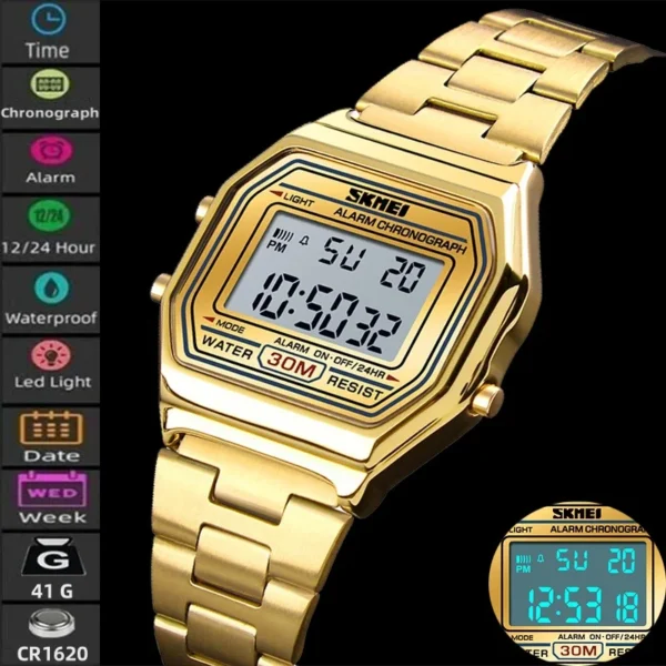Montre-bracelet numérique de sport Skmei pour femme, étanche, avec bracelet en acier inoxydable de luxe, résistante aux chocs, chronographe LED et alarme.