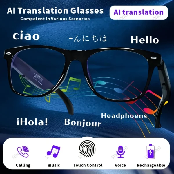 Lunettes connectées SENBONO pour hommes et femmes : appels Bluetooth, traduction IA, contrôle de la musique, réglage du volume, protection contre la lumière bleue.