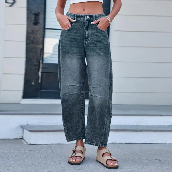 Jean boyfriend taille mi-haute pour femme, coupe ample, jambes larges, taille mi-haute, avec poches, délavage neuf