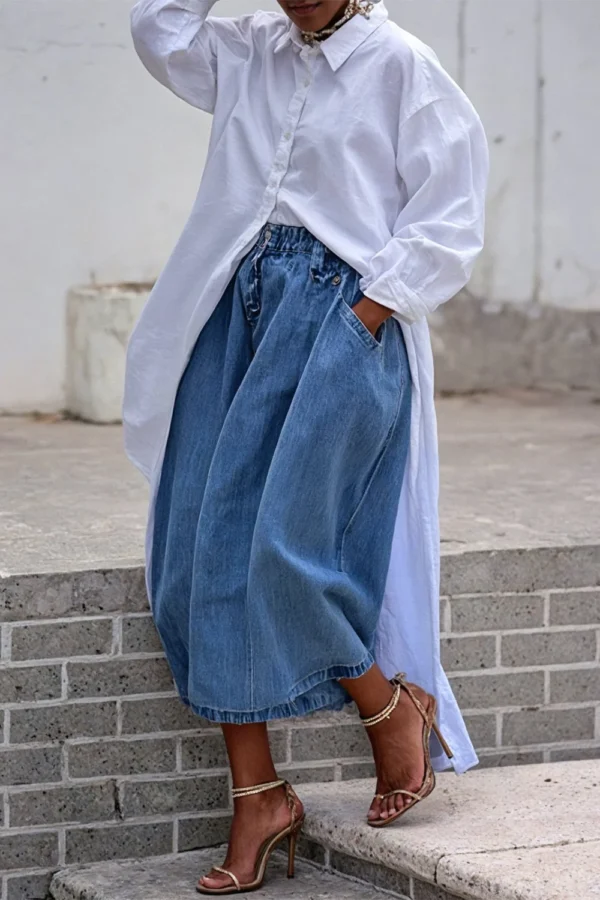 Jean court Daily Blue décontracté à poches et jambes larges, grande taille