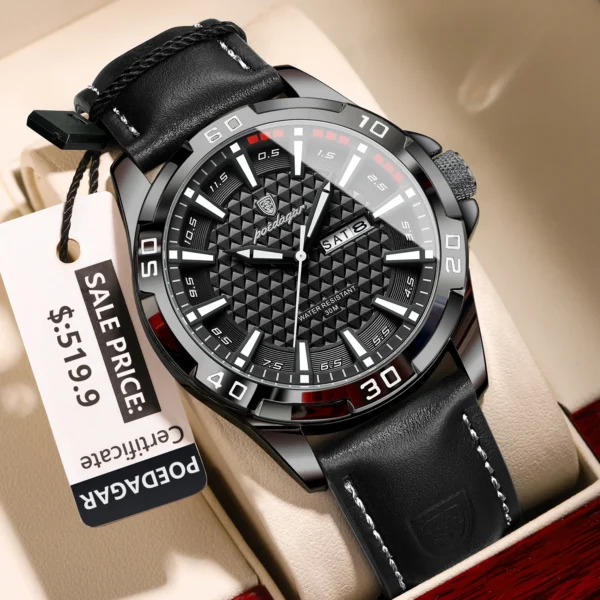 Montre-bracelet POEDAGAR Original pour homme, de luxe, étanche, lumineuse, date et jour de la semaine, à quartz, en cuir, style sport.