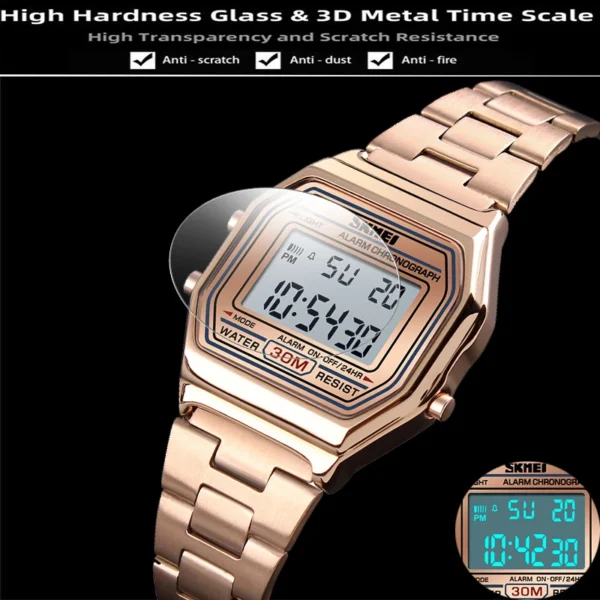 Montre-bracelet numérique de sport Skmei pour femme, étanche, avec bracelet en acier inoxydable de luxe, résistante aux chocs, chronographe LED et alarme.