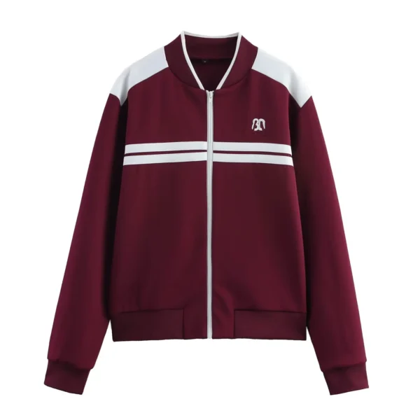 Ensemble veste vintage automne pour femme, col rond, fermeture éclair, pantalon taille élastique, collection printemps-automne 2025, style streetwear décontracté.