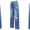 Jean femme longueur cheville troué, coupe ample et droite, braguette zippée, poches, couleur unie, denim légèrement extensible, style streetwear