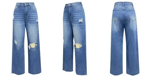 Jean femme longueur cheville troué, coupe ample et droite, braguette zippée, poches, couleur unie, denim légèrement extensible, style streetwear