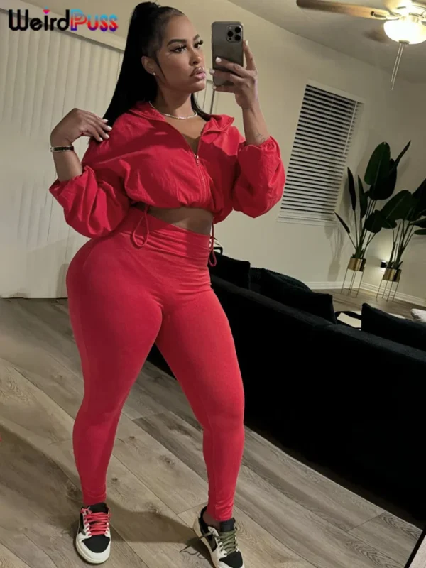 Ensemble de survêtement Weird Puss pour femme, 2 pièces, collection automne 2024 : veste fine zippée à cordon et legging assorti, style streetwear sportif.