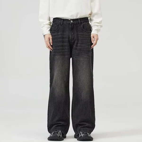 Jean homme style américain classique, hip-hop rap, jambes larges, populaire chez les jeunes, pantalon en denim oversize à jambes droites et coupe rétro.