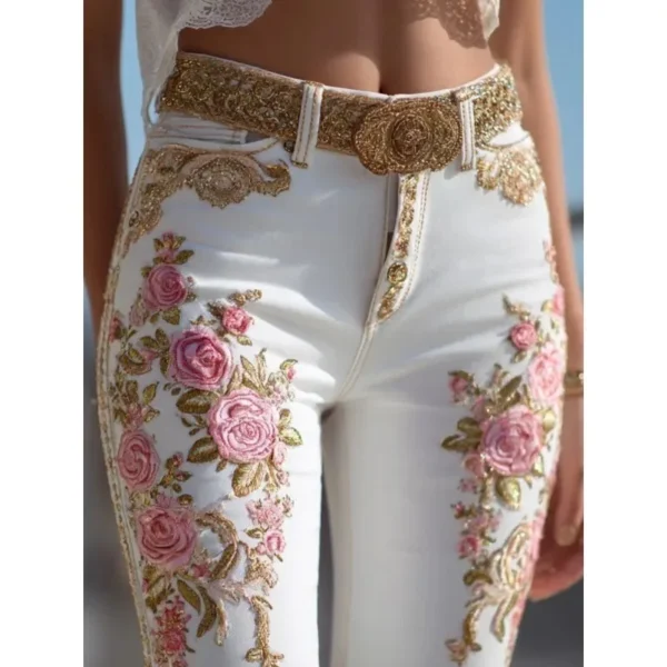 Jean femme style européen/américain à imprimé floral, coupe droite, pantalon en denim décontracté