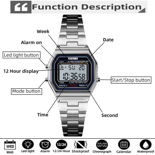Montre-bracelet numérique de sport Skmei pour femme, étanche, avec bracelet en acier inoxydable de luxe, résistante aux chocs, chronographe LED et alarme.
