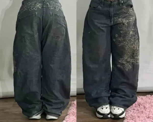 Jeans baggy délavés à imprimé lettres streetwear vintage pour femmes, style Y2K Harajuku hip-hop gothique, pantalon taille haute à jambes larges