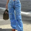 Jeans femme collection printemps-automne 2026, style rétro, multipoches, taille haute, streetwear, décontracté, coupe droite