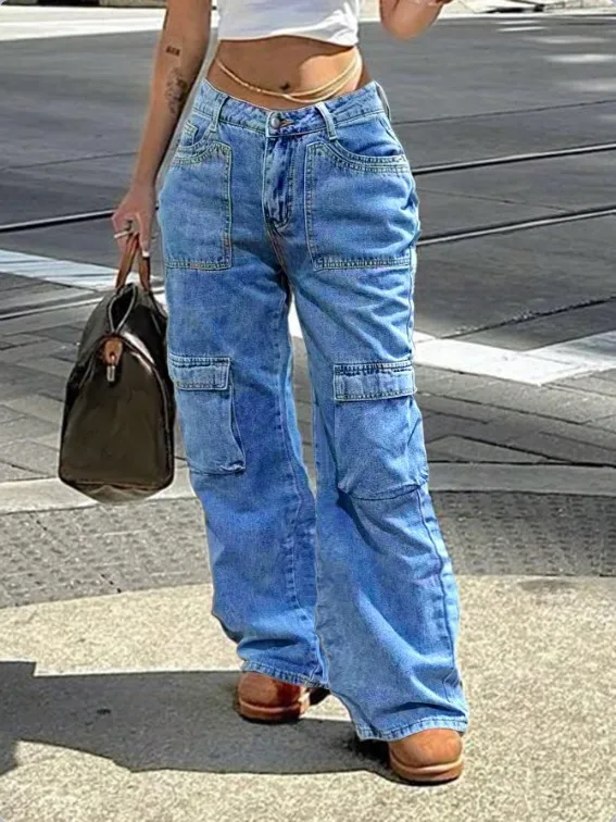 Jeans femme collection printemps-automne 2026, style rétro, multipoches, taille haute, streetwear, décontracté, coupe droite