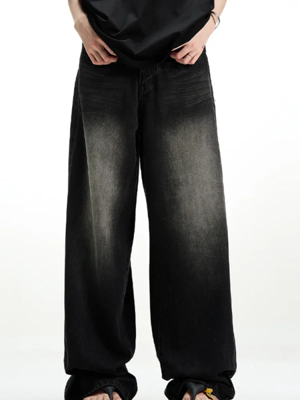 Jean homme style américain classique, hip-hop rap, jambes larges, populaire chez les jeunes, pantalon en denim oversize à jambes droites et coupe rétro.