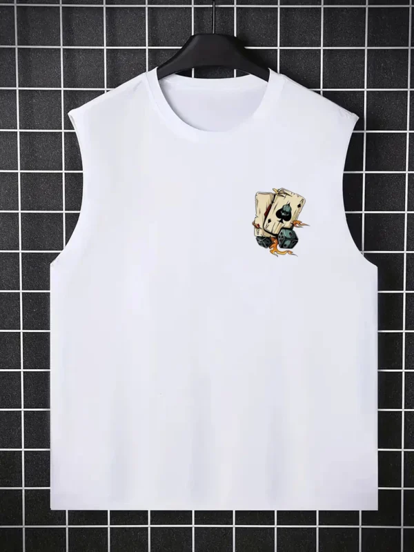 Men's Summer Leisure Sports Fitness Loose Dice and Poker Printed Comfortable Breathable Round Neck Sleeveless Tank Top