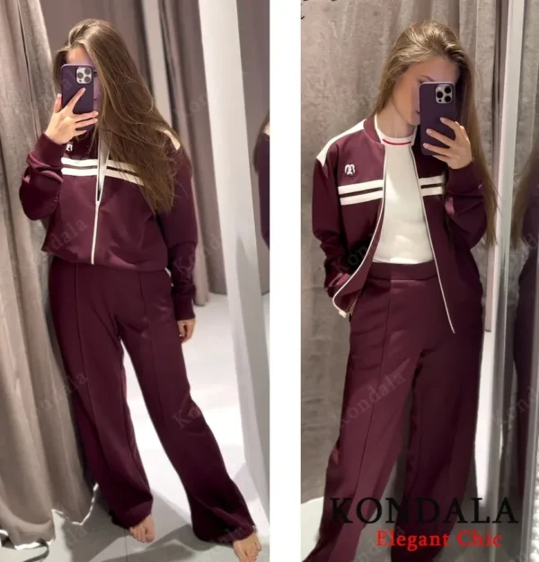 Ensemble veste vintage automne pour femme, col rond, fermeture éclair, pantalon taille élastique, collection printemps-automne 2025, style streetwear décontracté.