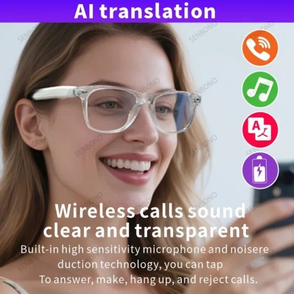 Lunettes connectées SENBONO pour hommes et femmes : appels Bluetooth, traduction IA, contrôle de la musique, réglage du volume, protection contre la lumière bleue.
