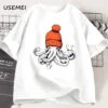 Octopus Orange Beanie Cotton T-shirt Japanese Style Graphic Tees Casual Cotton Short Sleeve Round Neck Tshirts Unisex Clothes
