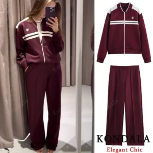 Ensemble veste vintage automne pour femme, col rond, fermeture éclair, pantalon taille élastique, collection printemps-automne 2025, style streetwear décontracté.