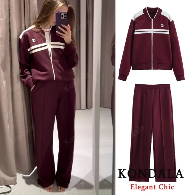 Ensemble veste vintage automne pour femme, col rond, fermeture éclair, pantalon taille élastique, collection printemps-automne 2025, style streetwear décontracté.