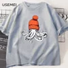 Octopus Orange Beanie Cotton T-shirt Japanese Style Graphic Tees Casual Cotton Short Sleeve Round Neck Tshirts Unisex Clothes
