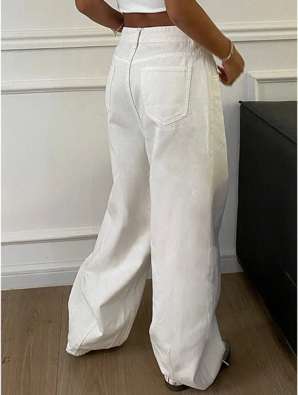 High Waist Jeans For Women Pocket Solid Color Retro Wide Leg Denim Pants Casual Streetwear Office Lady Loose Straight Trousers