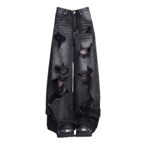 ean noir déchiré vintage tendance, pantalon large, pantalon droit taille haute pour femme, style baggy Y2K