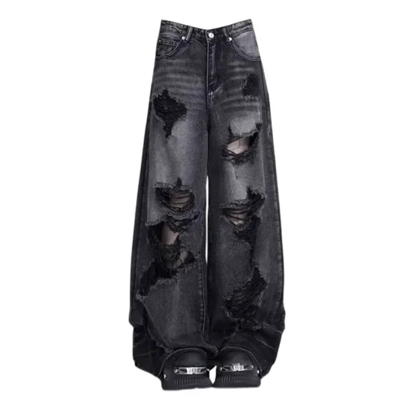 ean noir déchiré vintage tendance, pantalon large, pantalon droit taille haute pour femme, style baggy Y2K