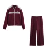 Ensemble veste vintage automne pour femme, col rond, fermeture éclair, pantalon taille élastique, collection printemps-automne 2025, style streetwear décontracté.
