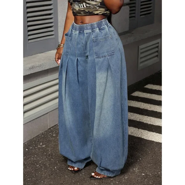 Jean Benuynffy grande taille rétro bleu délavé à jambes larges plissées pour femme, printemps-été, taille élastique, coupe ample, style streetwear Y2K
